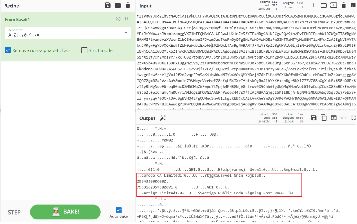 Extracted malformed digital signature from JavaScript QakBot Loader