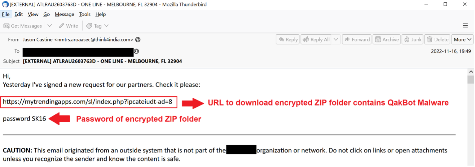 Example of Phishing Email delivers QakBot Malware