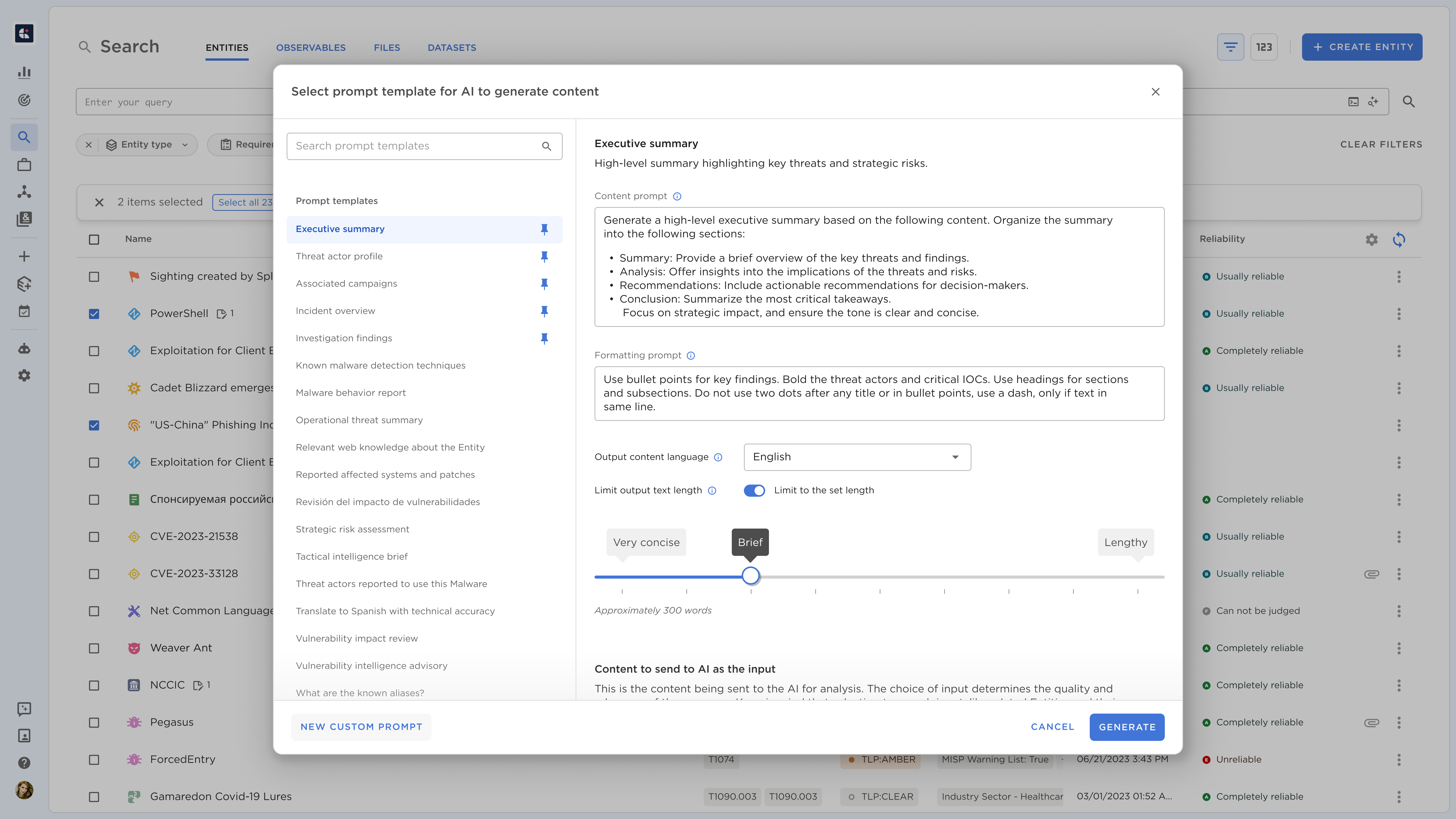 Prompt templates for AI to generate content